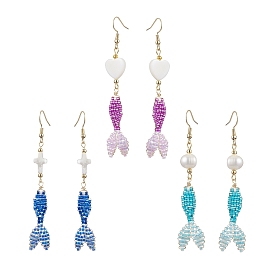 3 Pairs 3 Colors Glass & Shell Dangle Earrings, Fish & Heart 304 Stainless Steel Dangle Earrings for Women, Golden