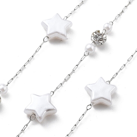 Цепочки из нержавеющей стали ручной работы 304, с полимерными стразами и искусственным жемчугом из АБС-пластика, пайки, звезда, с катушкой