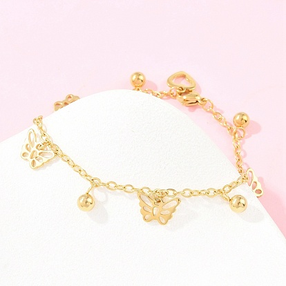 304 из нержавеющей стали шарм браслеты, бабочка, с 201 стальными бусинами, ионное покрытие (ip)