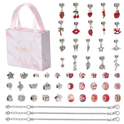 DIY Bracelets Making Kit, Including 20Pcs Alloy & 2Pcs 304 Stainless Steel & 18Pcs Resin European Beads, 20Pcs Alloy European Dangle Charms, 3Pcs Brass Bracelet Making, 1Pc Paper Boxs