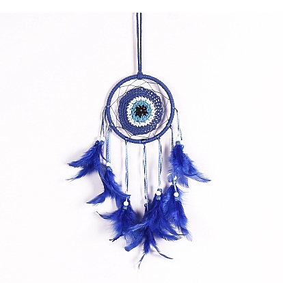 Telaraña/red tejida con mal de ojo con adornos colgantes de pared de plumas, con anillo de hierro, para decoración del dormitorio del hogar