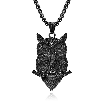 Titanium Steel Owl with Skull Pendant Necklace with Box Chains for Men Women
