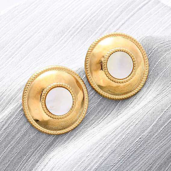 304 серьги-гвоздики из натуральной белой ракушки из нержавеющей стали, плоско-круглые, ионное покрытие (ip)