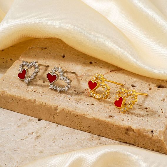 Изысканные полые латунные серьги-гвоздики в форме сердца, с четким кубического циркония