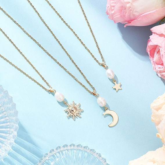 3 шт. 3 стили натуральный культивированный пресноводный жемчуг и 304 нержавеющая сталь и латунная подвеска в виде луны, звезды и солнца 304 ожерелья из нержавеющей стали с цепочкой для женщин, белые