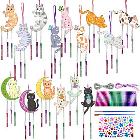 Набор для изготовления деревянных колокольчиков из рыбьей кости своими руками, в том числе 45 шт. алюминиевая трубка, колокольчик, 15шт. деревянная рыбья кость, 13м серебряная проволока, 2шт. кисть, 1 листы наклейки со стразами, 15Цветная веревка