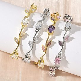 Браслеты-цепочки из латуни с микропаве из кубических цирконий овальной и листовой формы для женщин, стойки покрытие, долговечный, без кадмия и без свинца