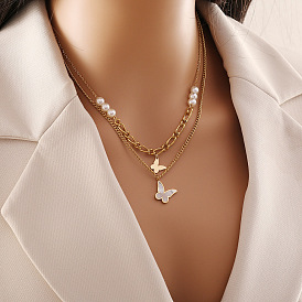 Fashion Butterfly Necklace with Pearl Pendant and Stainless Steel Chain