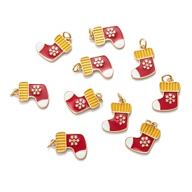 Real 18K Gold Plated Brass Enamel Pendants, with Jump Ring, for Christmas, Christmas Stockings with Snowflake