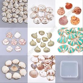16pcs 8 styles pendentifs en coquillages festonnés naturels électroplaqués, breloques en forme de coquillage avec accessoires en fer, or