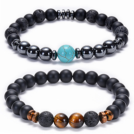 Lava Stone Black Matte Beaded Bracelet with Magnetic Hematite Tiger Eye Natural Stone Jewelry