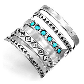 Hollow Alloy Finger Rings, with Blue Turquoise, Bohemia Style Rings for Women