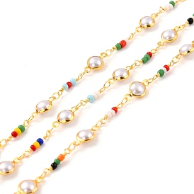 Handmade Brass Beaded Chain, with Glass Half Round Links & Seed Beads, Long-Lasting Plated, Soldered, with Spool, Golden