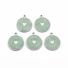 304 Stainless Steel Enamel Pendants, Stainless Steel Color, Flat Round with Heart