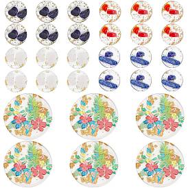 PandaHall Elite 30Pcs 5 Style Transparent Epoxy Resin Pendants, with Natural & Synthetic Gemstone with Gold Foil inside, Flat Round