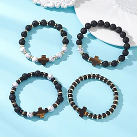 4шт. 4 стили браслетов из синтетического говлита и гематита, натуральной лавовой породы и кокосового волокна, эластичные браслеты, Натуральные украшения в виде крестов из тигрового глаза для женщин и мужчин.