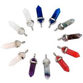 12Pcs 6 Style Natural & Synthetic Gemstone Double Terminated Pointed Pendants, with Random Alloy Pendant Hexagon Bead Cap Bails, Bullet, Platinum