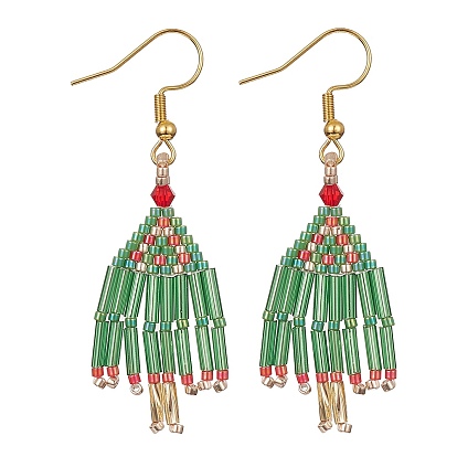 Christmas Tree Dangle Earrings for Women, Seed Beads Tassel Earring with 304 Stainless Steel Earring Hooks