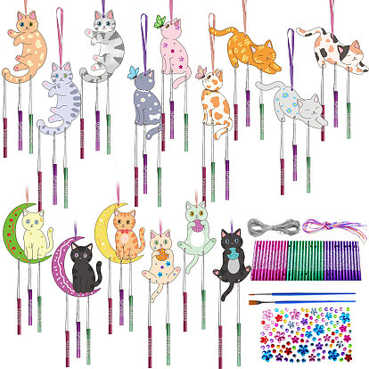 Набор для изготовления деревянных колокольчиков из рыбьей кости своими руками, в том числе 45 шт. алюминиевая трубка, колокольчик, 15шт. деревянная рыбья кость, 13м серебряная проволока, 2шт. кисть, 1 листы наклейки со стразами, 15Цветная веревка