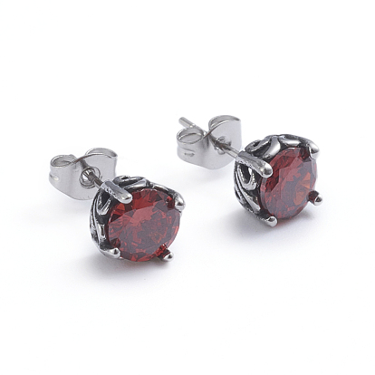 Retro 304 Stainless Steel Stud Earrings, with Cubic Zirconia and Ear Nuts, Flower, Red