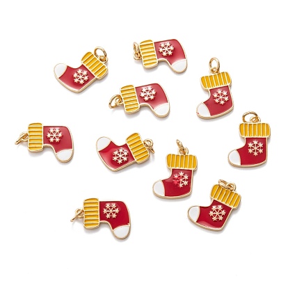 Real 18K Gold Plated Brass Enamel Pendants, with Jump Ring, for Christmas, Christmas Stockings with Snowflake