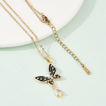 Бабочка латунный микропаве кубический цирконий кулон ожерелья для женщин, с 304 цепи из нержавеющей стали, эмаль и пластиковый искусственный жемчуг, стойки покрытие, ионное покрытие (ip)