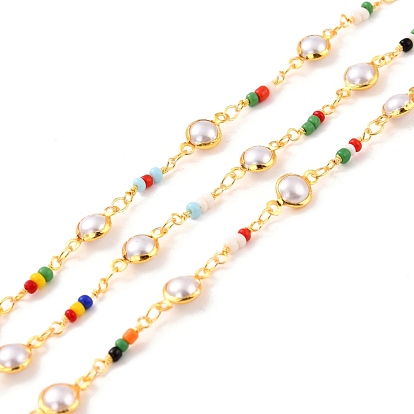 Handmade Brass Beaded Chain, with Glass Half Round Links & Seed Beads, Long-Lasting Plated, Soldered, with Spool, Golden
