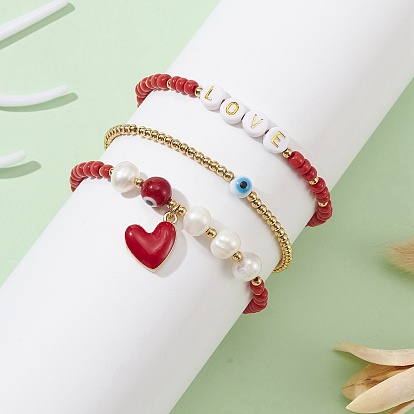 3Pcs 3 Style Natural Pearl & Glass & Acrylic Word Stretch Bracelets Set, Evil Eye & Brass Heart Stackable Bracelets for Valentine's Day