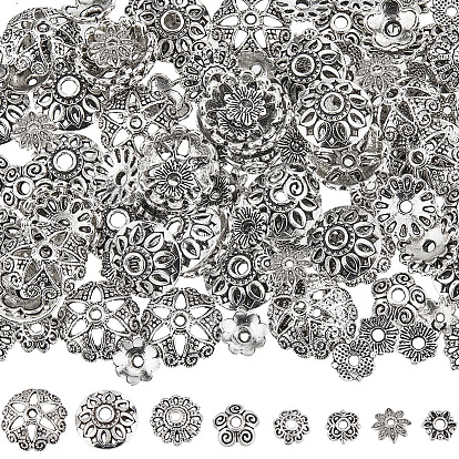 160Pcs 8 Style Tibetan Style Alloy Flower Bead Caps