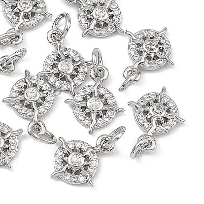 SHEGRACE Brass Micro Pave Cubic Zirconia Charms, Ring with Sun Charms, Cadmium Free & Lead Free & Nickel Free