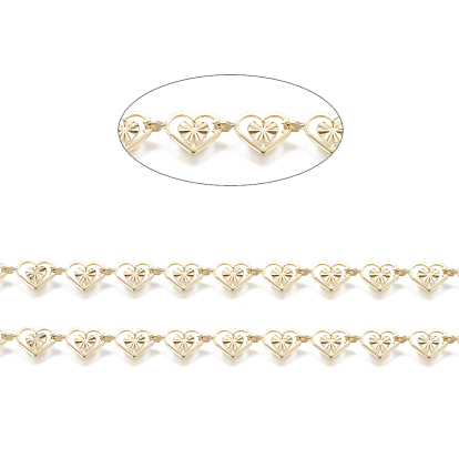 Brass Handmade Beaded Chains,  Link Chain, Long-Lasting Plated, Soldered, with Spool, Textured Heart