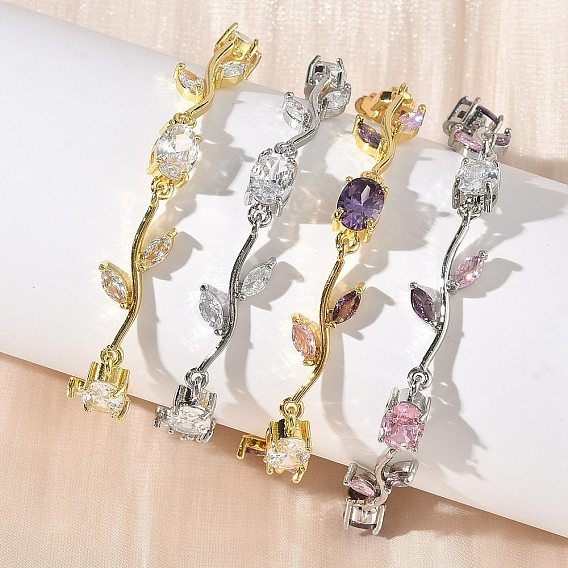 Браслеты-цепочки из латуни с микропаве из кубических цирконий овальной и листовой формы для женщин, стойки покрытие, долговечный, без кадмия и без свинца