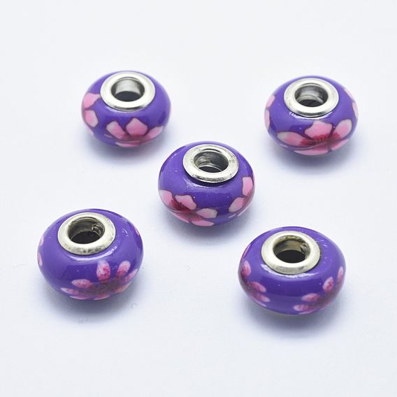 Handmade Polymer Clay European Beads, with Silver Color Plated Brass Cores, Large Hole Beads, Rondelle with Flower Pattern