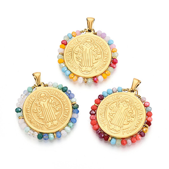 304 подвески из нержавеющей стали, плоские круглые с святым Бенедиктом, со стеклянными бусинами, ионное покрытие (ip), реальный 18 k позолоченный, граненые