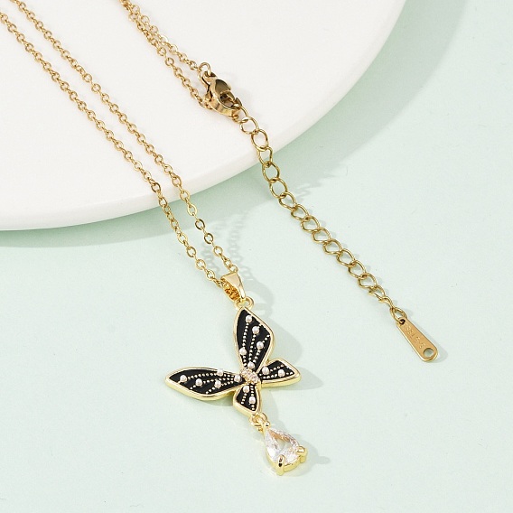 Бабочка латунный микропаве кубический цирконий кулон ожерелья для женщин, с 304 цепи из нержавеющей стали, эмаль и пластиковый искусственный жемчуг, стойки покрытие, ионное покрытие (ip)