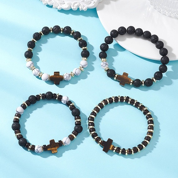 4шт. 4 стили браслетов из синтетического говлита и гематита, натуральной лавовой породы и кокосового волокна, эластичные браслеты, Натуральные украшения в виде крестов из тигрового глаза для женщин и мужчин.