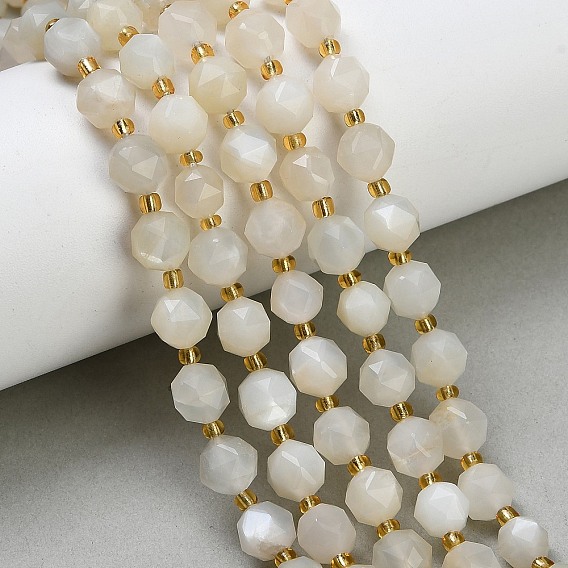 Natural Moonstone Beads Strands, Star Cut Round Beads, Faceted, with Seed Beads
