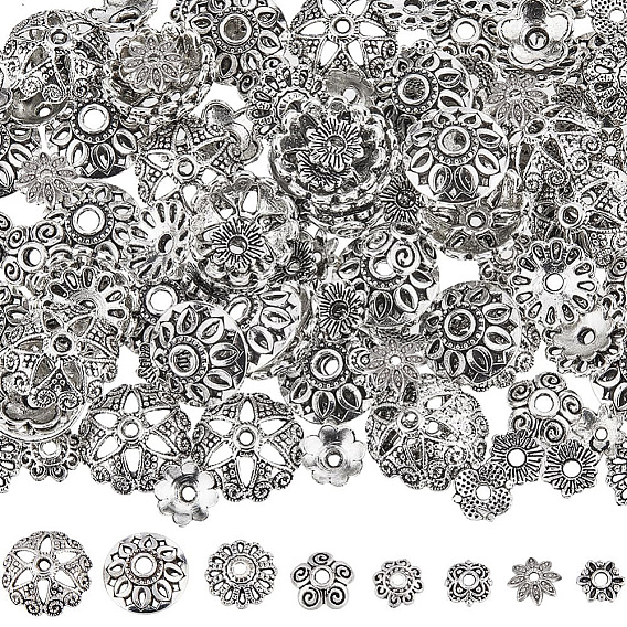 160Pcs 8 Style Tibetan Style Alloy Flower Bead Caps