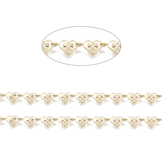 Brass Handmade Beaded Chains,  Link Chain, Long-Lasting Plated, Soldered, with Spool, Textured Heart