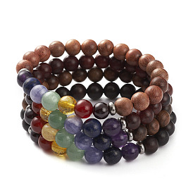 Chakra Jewelry, Natural Wood Beads Stretch Bracelets Sets, with Natural Gemstone Beads and 304 Stainless Steel Spacer Beads, Round