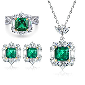 Stylish and Simple 925 Silver Jewelry Set with Green Gemstone - Ring, Earrings, Necklace