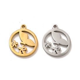 Ion Plating(IP) 304 Stainless Steel Charms, Flat Round with Bird and Flower
