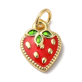 Rack Plating Brass Enamel Charms, with Jump Ring, Long-Lasting Plated, Lead Free & Cadmium Free, Real 18K Gold Plated, Strawberry Charm