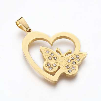 304 Stainless Steel Rhinestone Pendants, Heart with Butterfly