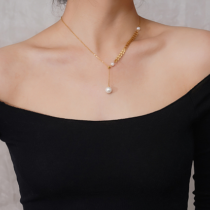 Элегантные ожерелья с подвеской в виде круглого шара из нержавеющей стали с имитацией жемчуга и пшеничным звеном для женщин, белые