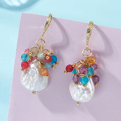 Барочные серьги-подвески из натурального жемчуга кеши, с бусинами из натурального агата и фурнитурой для сережек из латуни и нержавеющей стали., слеза