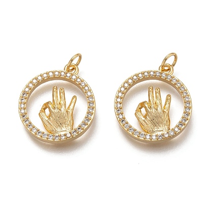 Brass Micro Pave Clear Cubic Zirconia Pendants, Long-Lasting Plated, with Jump Rings, Flat Round with OK Gesture