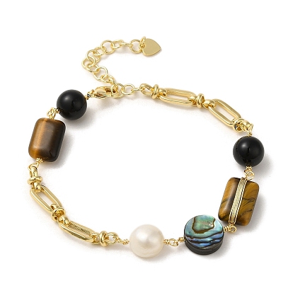 Natural Tiger Eye & Shell & Obsidian Link Bracelets, with Brass Paperclip Chains