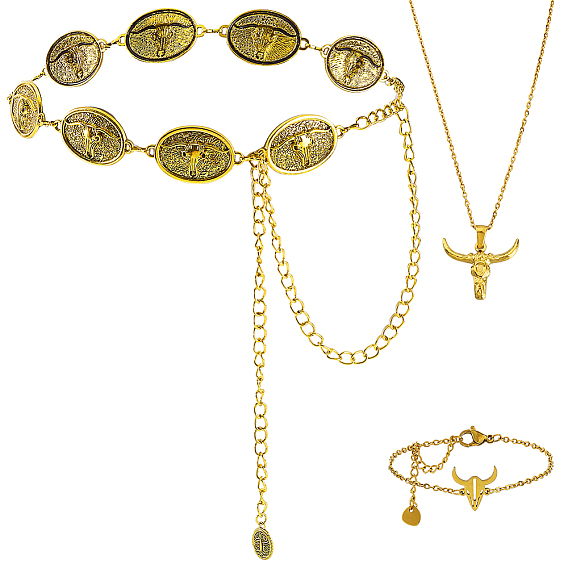 Набор украшений в ковбойском стиле, 1 Голова крупного рогатого скота 304 Кулон из нержавеющей стали, с 1шт. 304 браслетами из нержавеющей стали в виде голов крупного рогатого скота и цепочкой в виде головы на талии