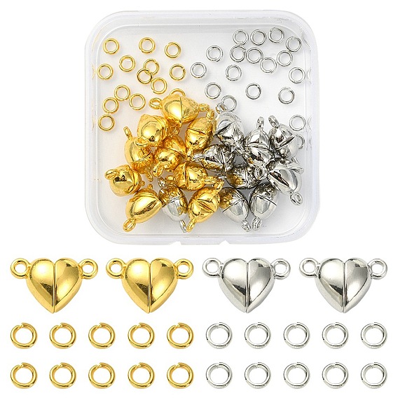 20Pcs 2 Colors Heart Alloy Magnetic Clasps, with 40Pcs 2 Colors Brass Jump Rings